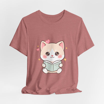 Kawaii Reading Cat T-Shirt for Book Lovers