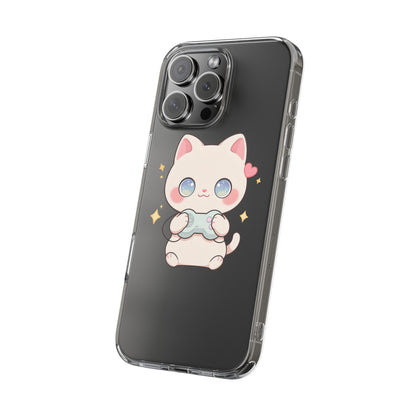 Kawaii Gamer Cat Clear Phone Case for Gaming Fans