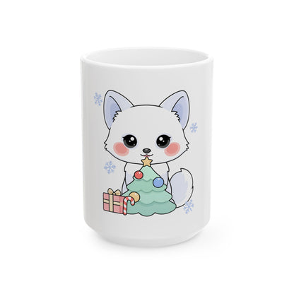 Kawaii Arctic Fox Christmas Mug, Cute Holiday Gift