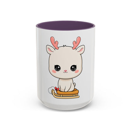 Christmas Reindeer Accent Coffee Mug, Cute Kawaii Sledding Gift