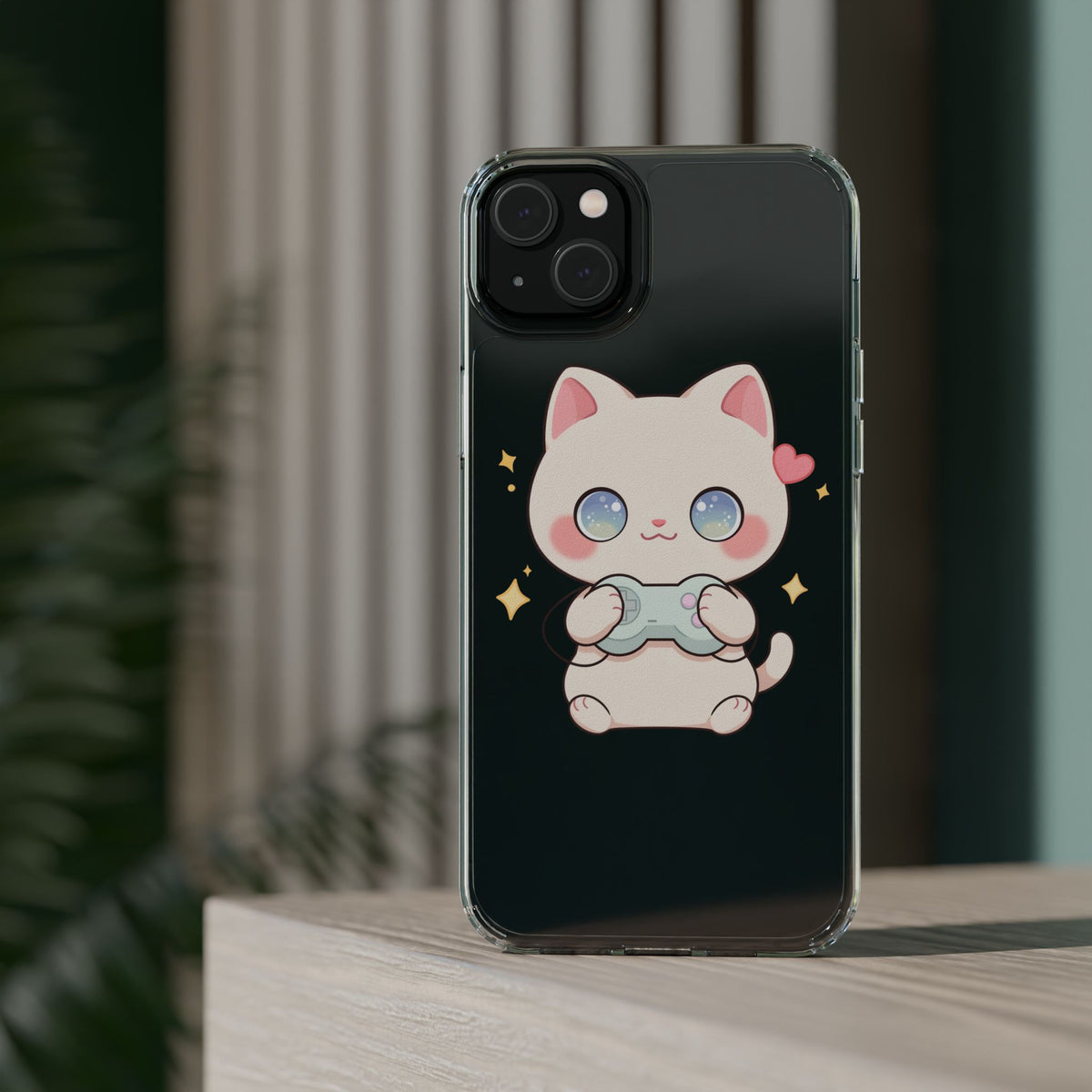 Kawaii Gamer Cat Clear Phone Case for Gaming Fans
