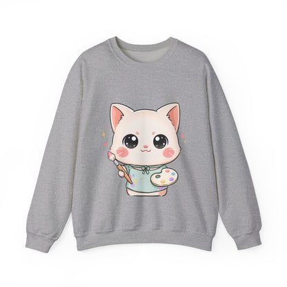 Kawaii Artist Cat Sweatshirt, Cute Creative Cat Lover Gift