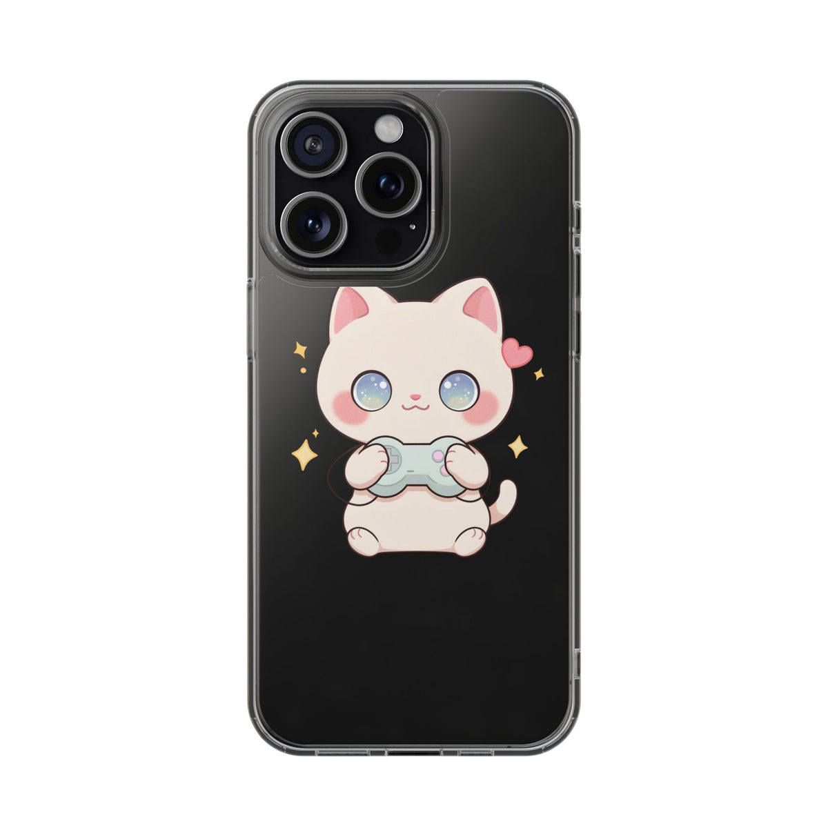 Kawaii Gamer Cat Clear Phone Case for Gaming Fans