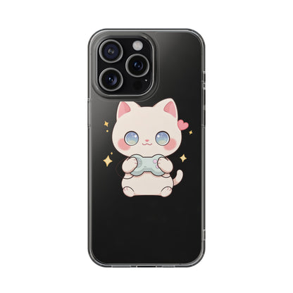 Kawaii Gamer Cat Clear Phone Case for Gaming Fans