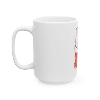 Christmas Fox Mug, Kawaii Arctic Fox in Stocking