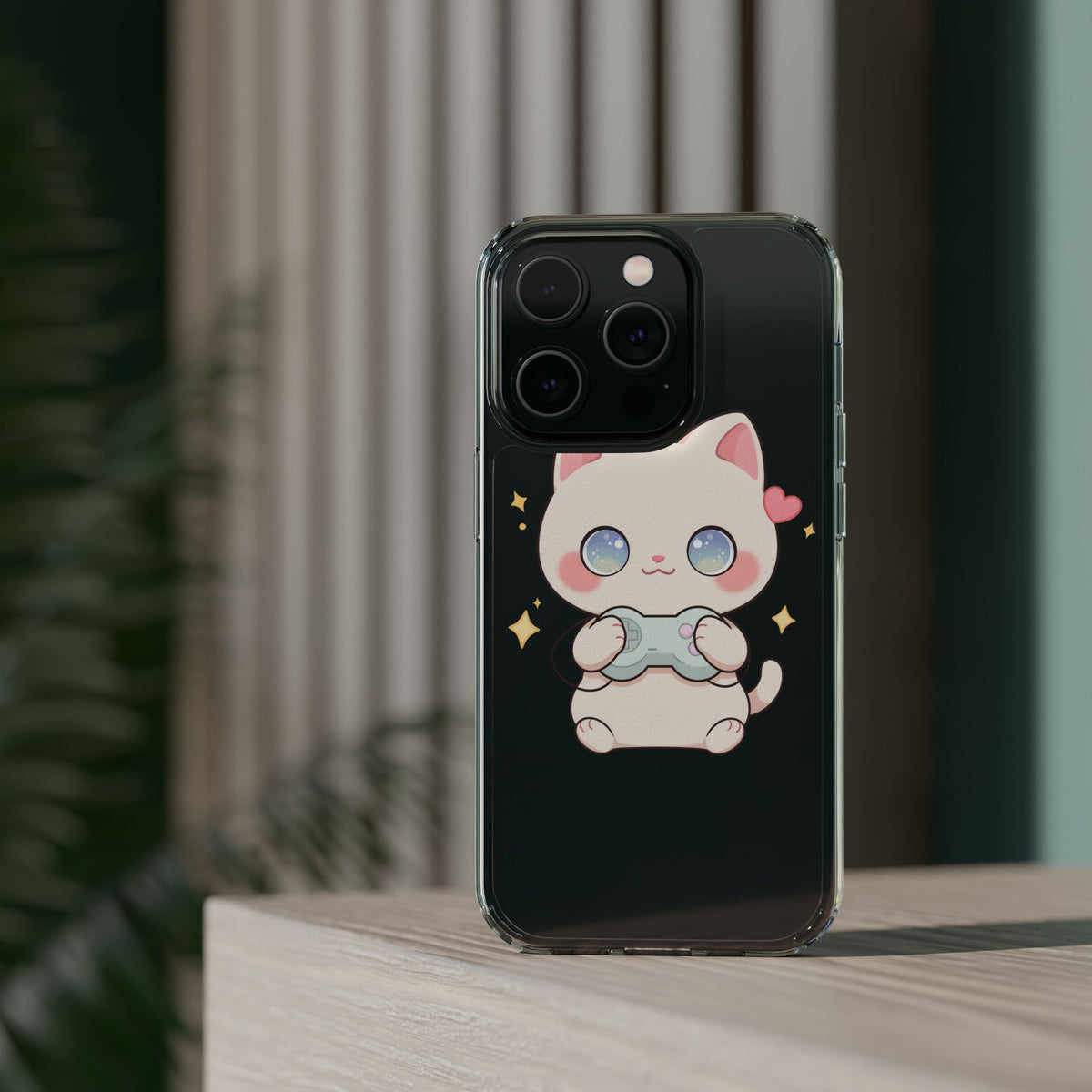 Kawaii Gamer Cat Clear Phone Case for Gaming Fans