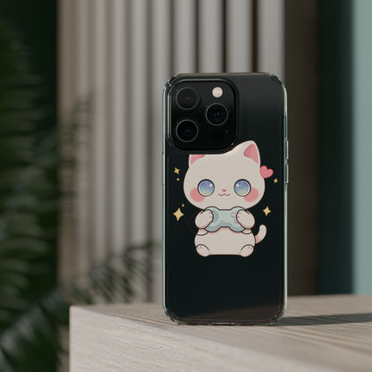Kawaii Gamer Cat Clear Phone Case for Gaming Fans