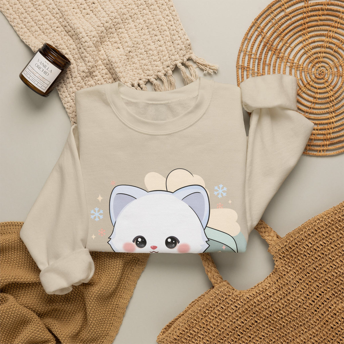 Kawaii Arctic Fox Sweatshirt, Cute Gift Box Fox Crewneck