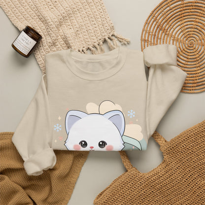 Kawaii Arctic Fox Sweatshirt, Cute Gift Box Fox Crewneck