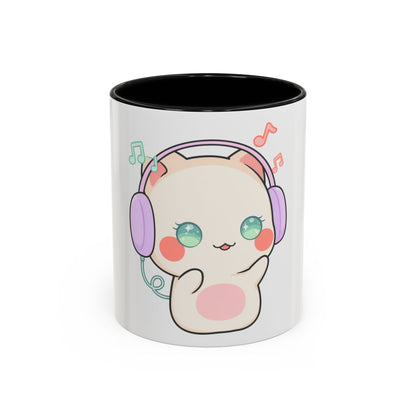 Kawaii Cat Coffee Mug, Music Lover Accent Ceramic Mug