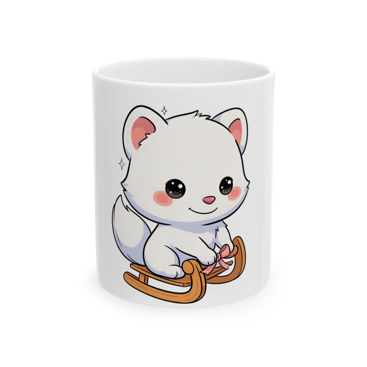 Kawaii Arctic Fox Mug – Cute Sledding Fox Ceramic Cup