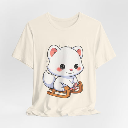Kawaii Arctic Fox Sledding T-Shirt, Cute Unisex Tee