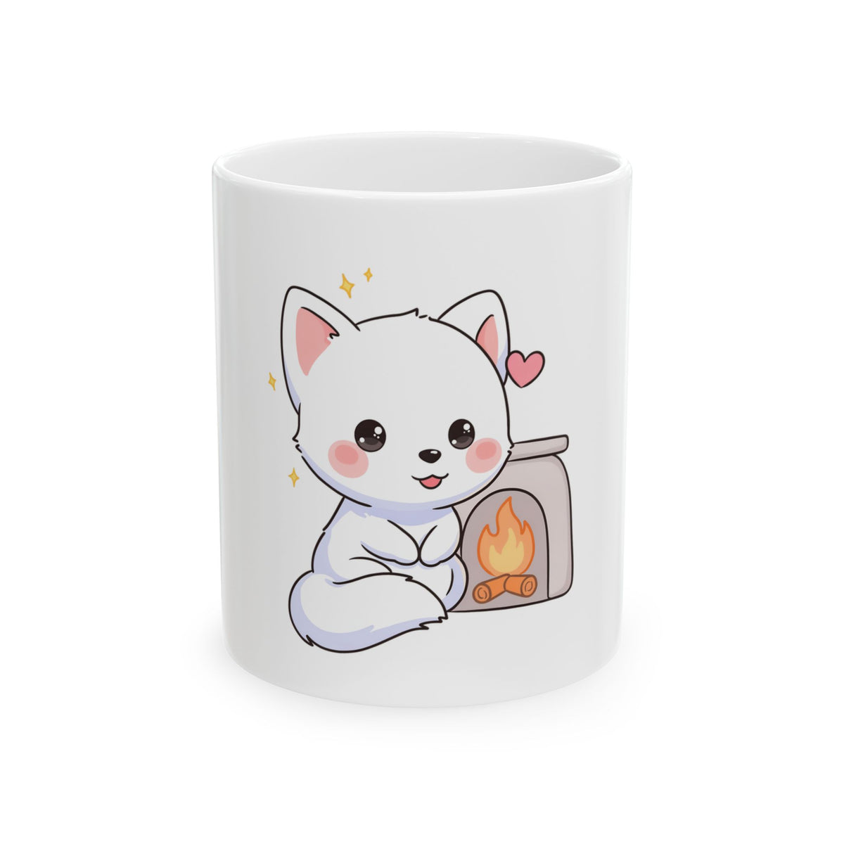 Kawaii Arctic Fox Mug – Cozy Fireplace Companion