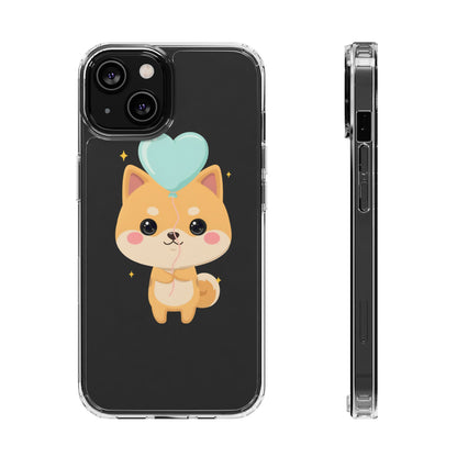 Kawaii Shiba Inu Clear Phone Case with Heart Balloon