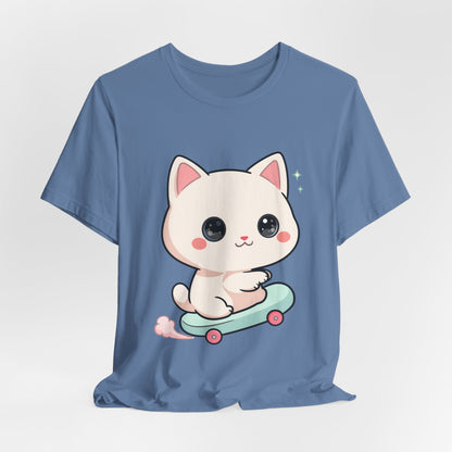 Kawaii Skateboarding Cat T-Shirt – Cute Chibi Kitty Tee