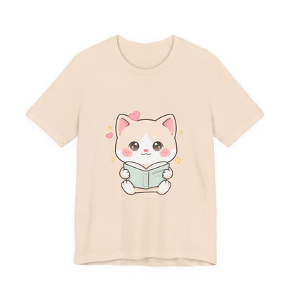 Kawaii Reading Cat T-Shirt for Book Lovers