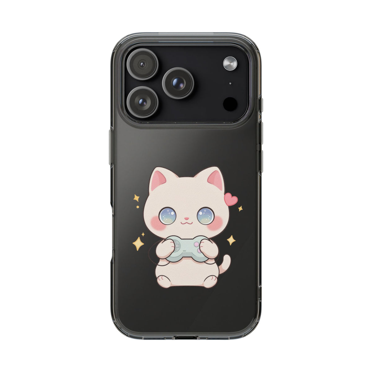 Kawaii Gamer Cat Clear Phone Case for Gaming Fans