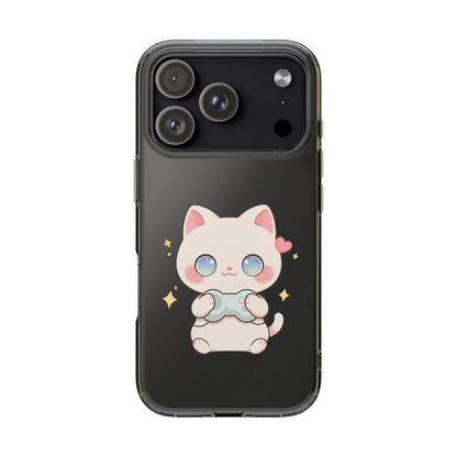 Kawaii Gamer Cat Clear Phone Case for Gaming Fans