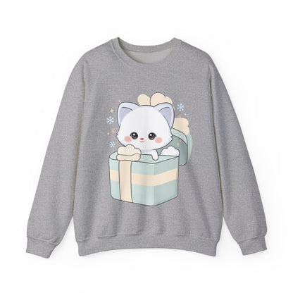Kawaii Arctic Fox Sweatshirt, Cute Gift Box Fox Crewneck