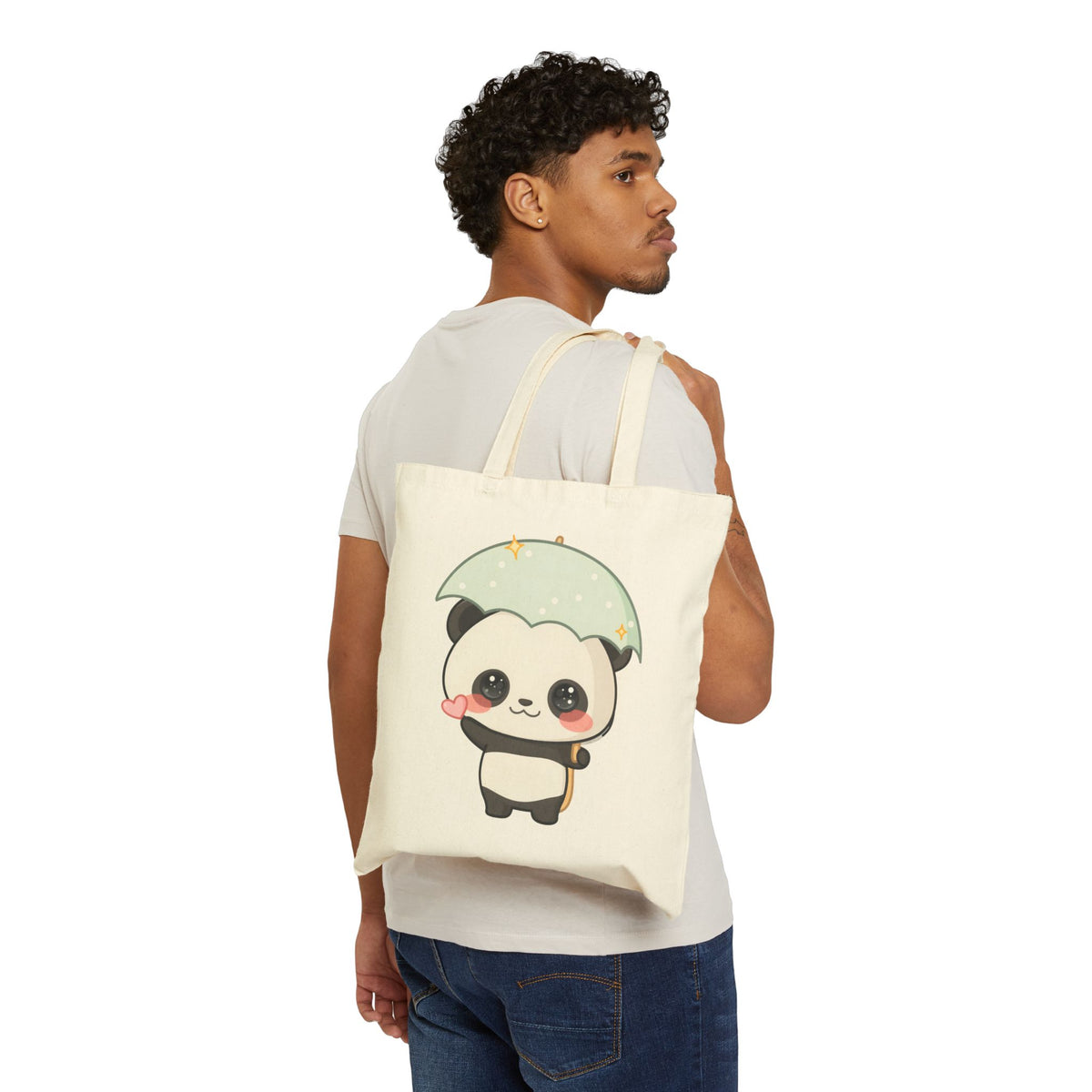 Kawaii Panda Tote Bag with Umbrella, Cute Cotton Canvas