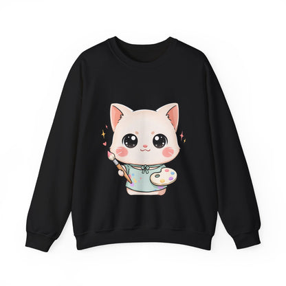Kawaii Artist Cat Sweatshirt, Cute Creative Cat Lover Gift
