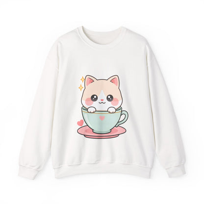 Kawaii Cat Sweatshirt, Cute Cat in Teacup Crewneck