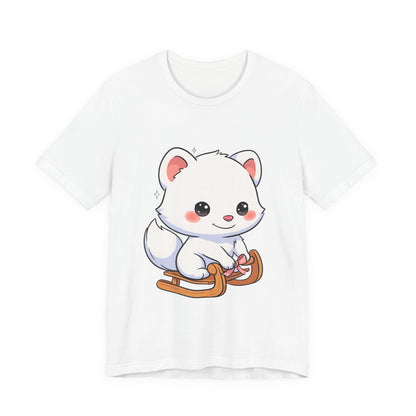 Kawaii Arctic Fox Sledding T-Shirt, Cute Unisex Tee