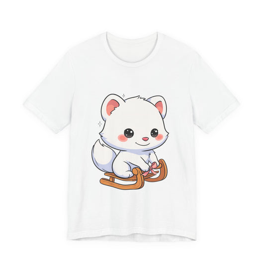 Kawaii Arctic Fox Sledding T-Shirt, Cute Unisex Tee