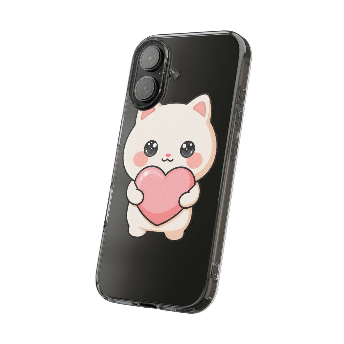 Kawaii Cat Phone Case with Heart, Clear Impact-Resistant
