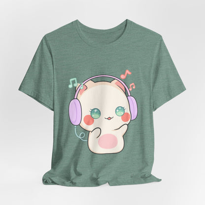 Kawaii Cat Music Lover T-Shirt, Cute Headphone Kitty Tee
