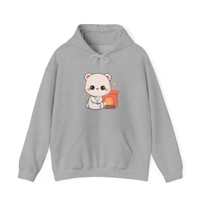 Kawaii Polar Bear Hoodie, Cozy Fireplace Cub Sweatshirt