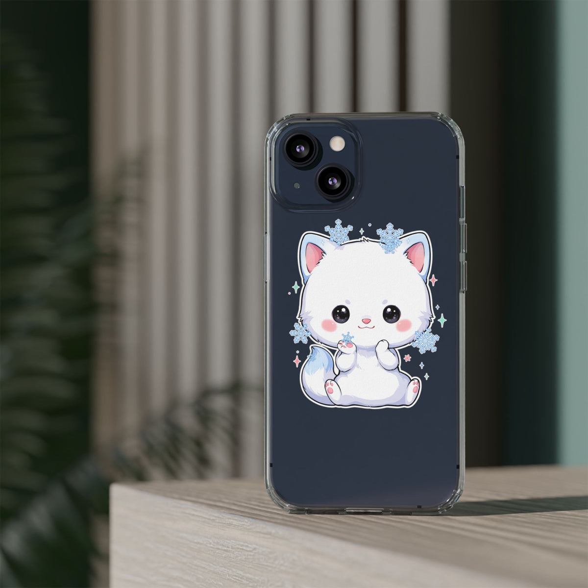 Kawaii Arctic Fox Phone Case, Cute Snowflake Clear Case