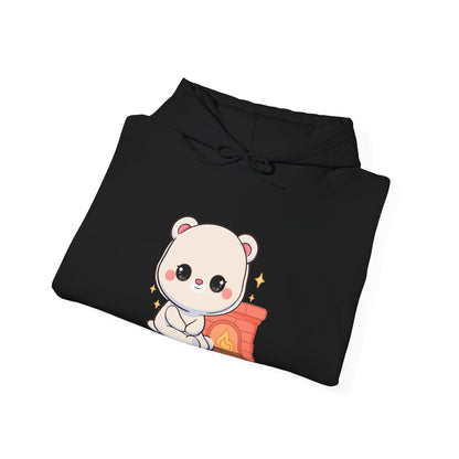 Kawaii Polar Bear Hoodie, Cozy Fireplace Cub Sweatshirt