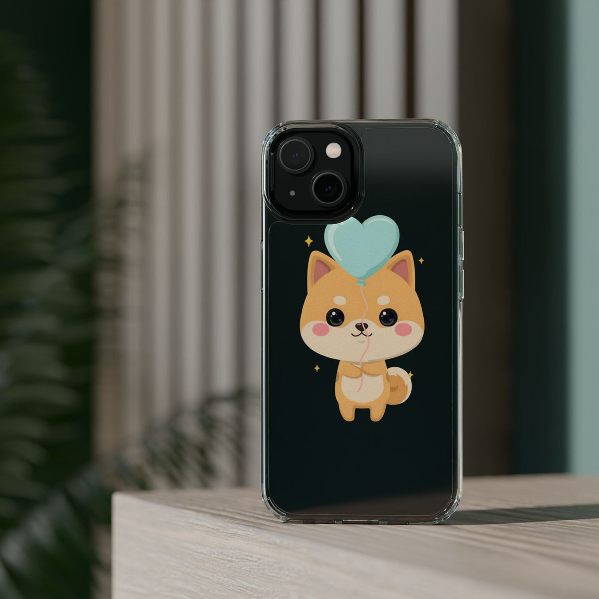 Kawaii Shiba Inu Clear Phone Case with Heart Balloon