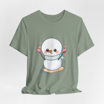 Kawaii Snowman T-Shirt, Cute Winter Sledding Tee