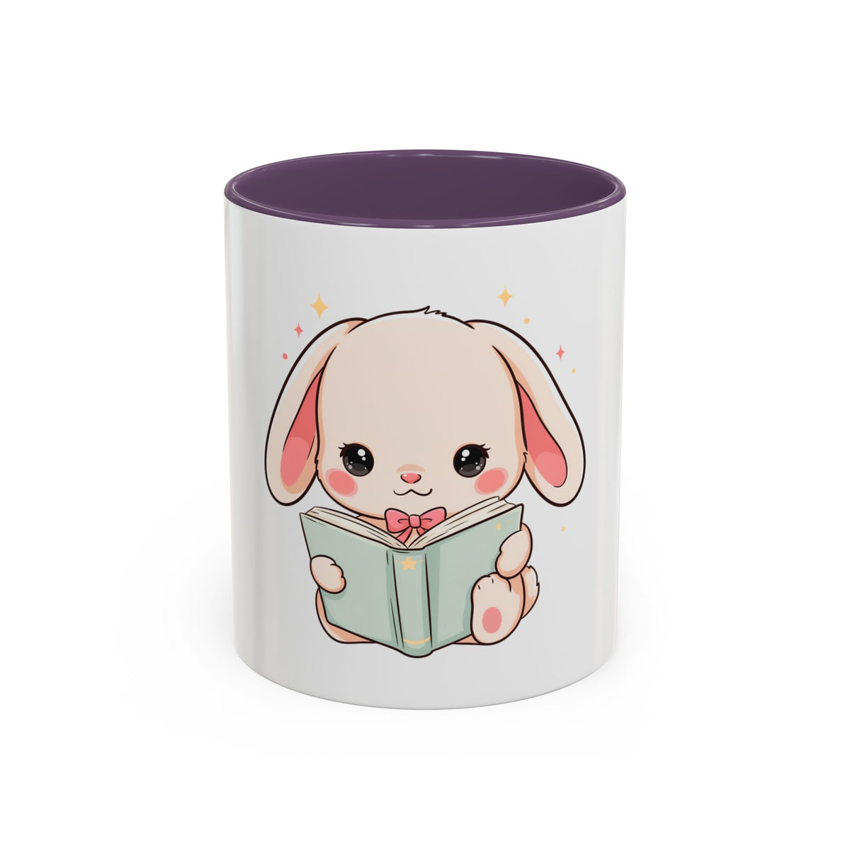 Kawaii Reading Bunny Mug, Cute Book Lover Accent Coffee Mug