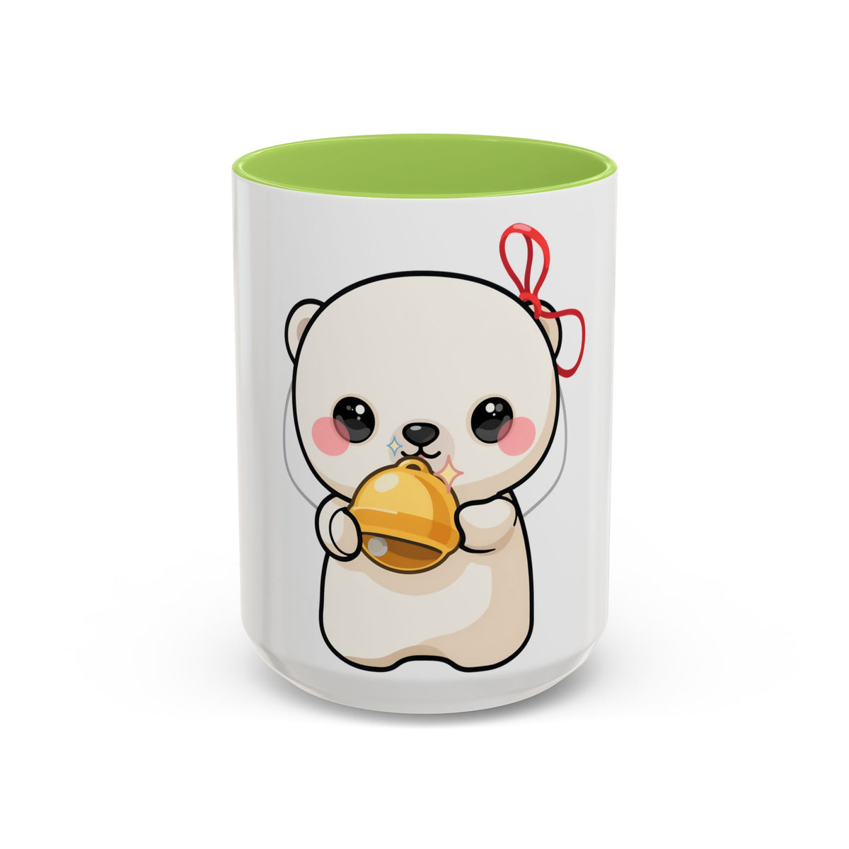 Kawaii Polar Bear Mug, Cute Jingle Bell Accent Coffee Cup
