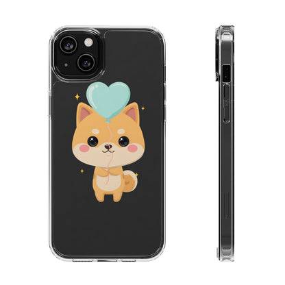 Kawaii Shiba Inu Clear Phone Case with Heart Balloon
