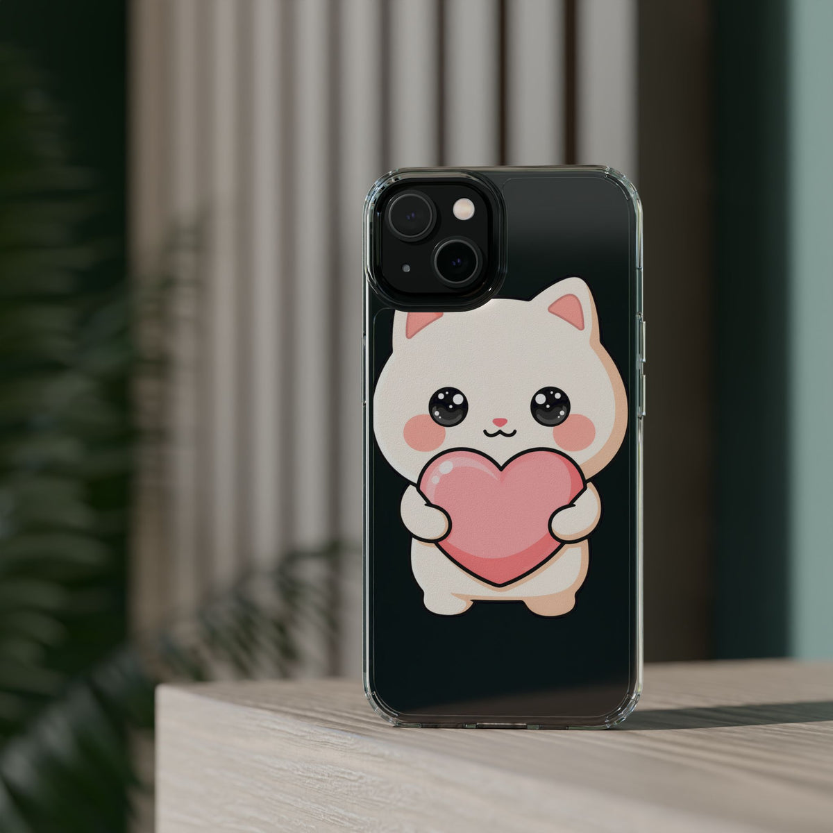 Kawaii Cat Phone Case with Heart, Clear Impact-Resistant