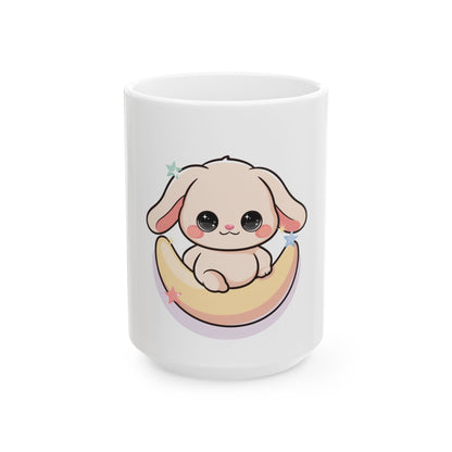 Kawaii Bunny Mug, Crescent Moon Chibi Ceramic Cup