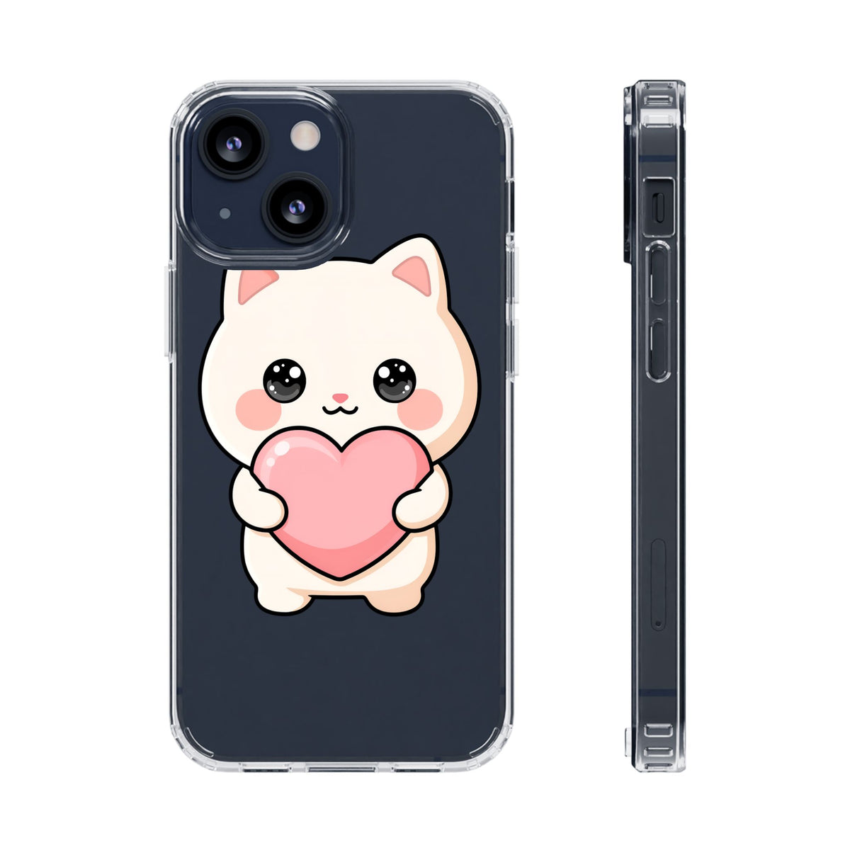 Kawaii Cat Phone Case with Heart, Clear Impact-Resistant
