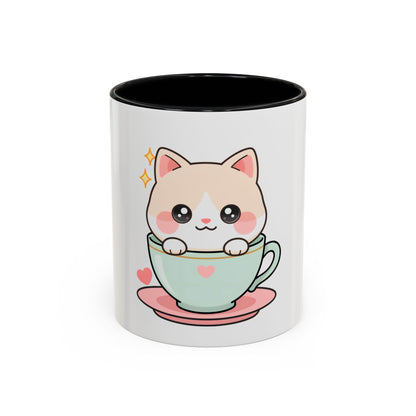 Kawaii Cat Coffee Mug, Cute Cat in Teacup Accent Mug