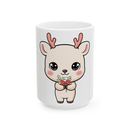 Kawaii Reindeer Mug, Cute Christmas Mistletoe Gift