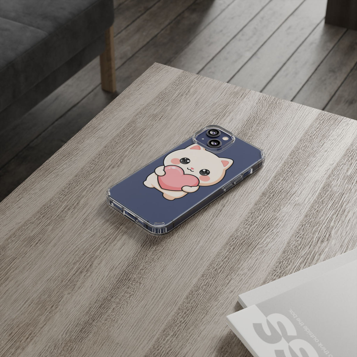 Kawaii Cat Phone Case with Heart, Clear Impact-Resistant