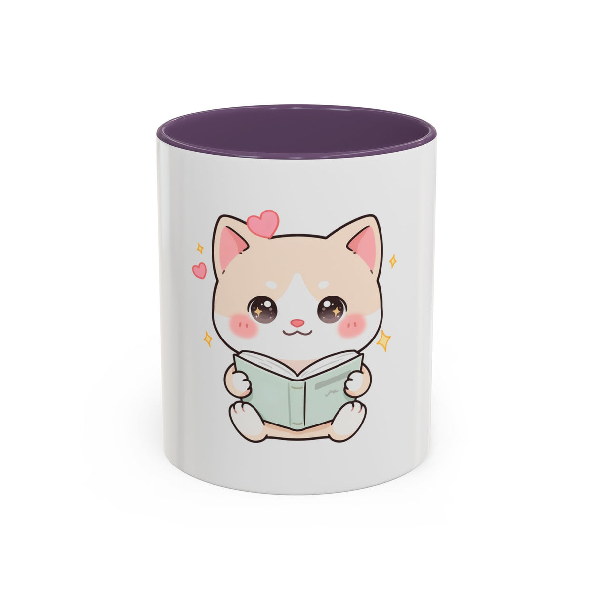 Kawaii Cat Reading Mug, Cute Book Lover Accent Coffee Mug
