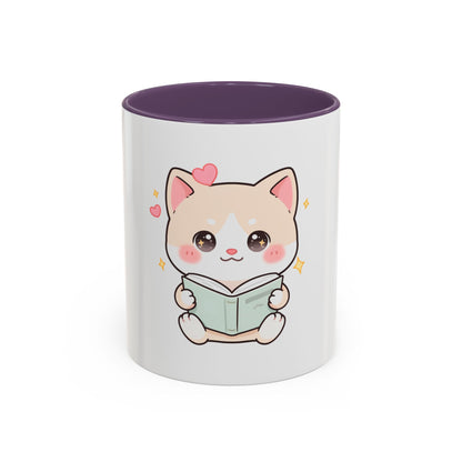 Kawaii Cat Reading Mug, Cute Book Lover Accent Coffee Mug