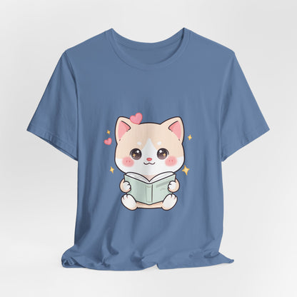 Kawaii Reading Cat T-Shirt for Book Lovers