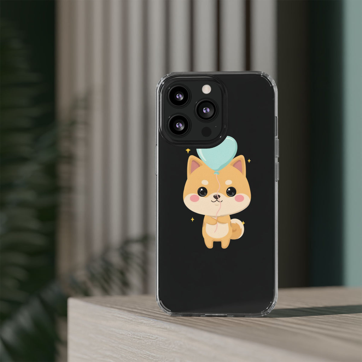 Kawaii Shiba Inu Clear Phone Case with Heart Balloon