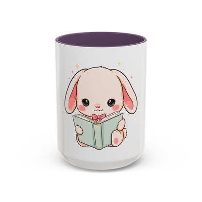 Kawaii Reading Bunny Mug, Cute Book Lover Accent Coffee Mug