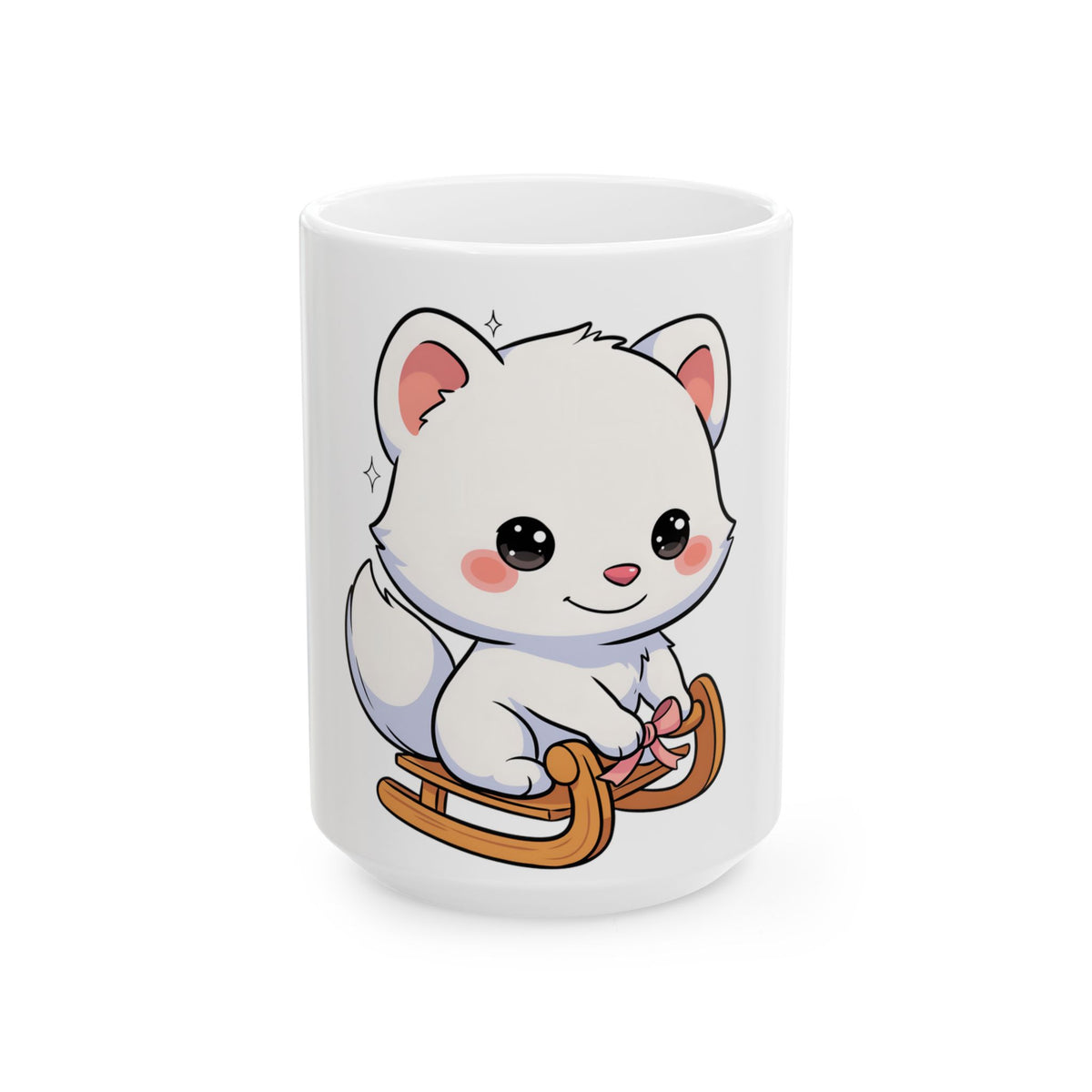 Kawaii Arctic Fox Mug – Cute Sledding Fox Ceramic Cup